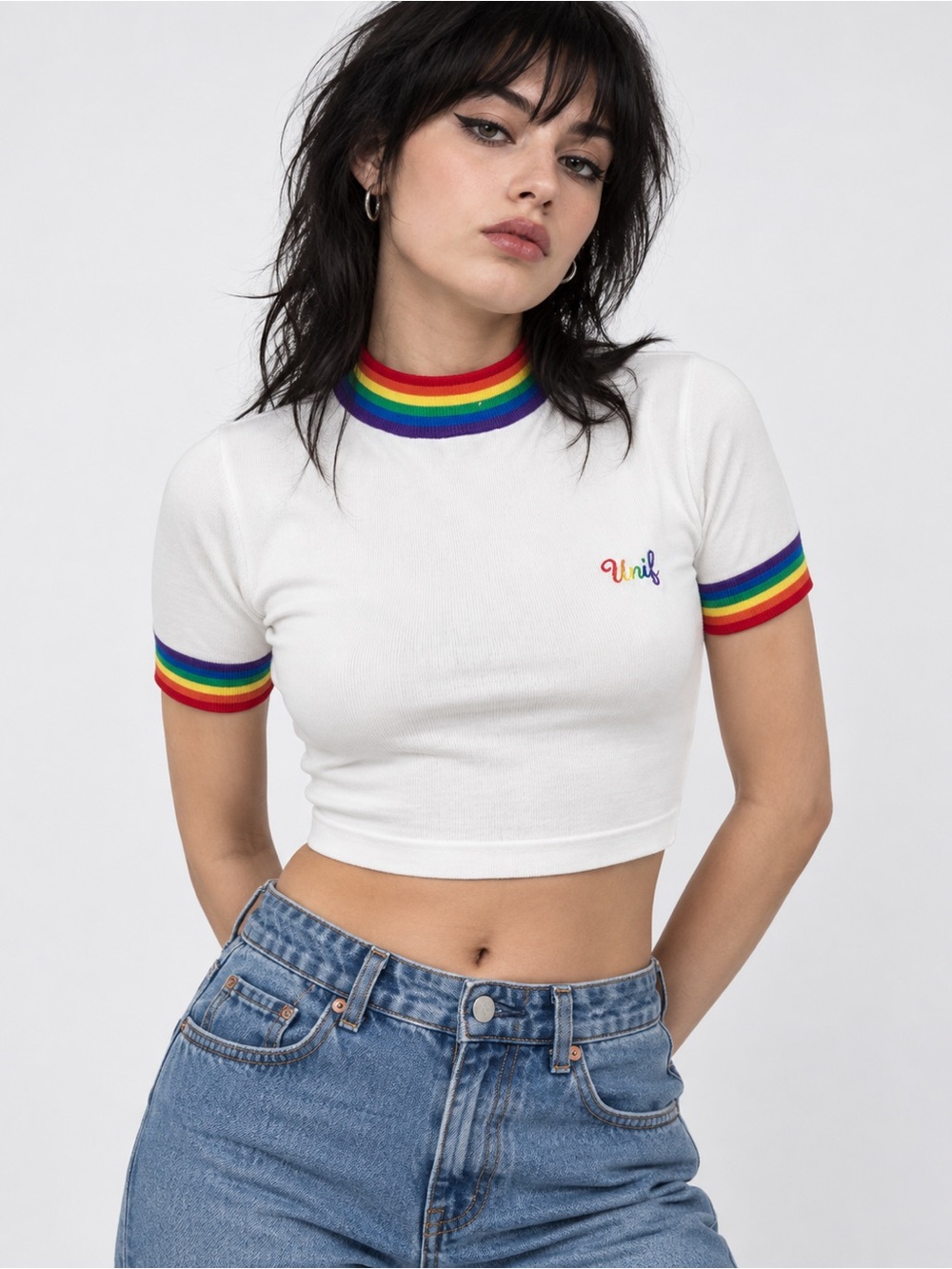 UNIF Rainbow Trim Cropped Tee White Size Small Embroidered Logo Y2K Festival Top